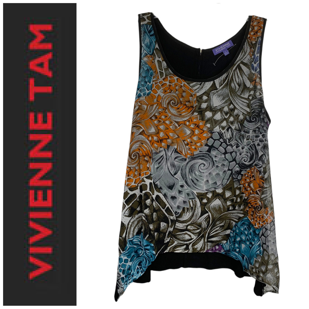 NEW Vivienne Tam Sz L Printed Layered Tank Top Zip Back Asymmetric Hem NWOT